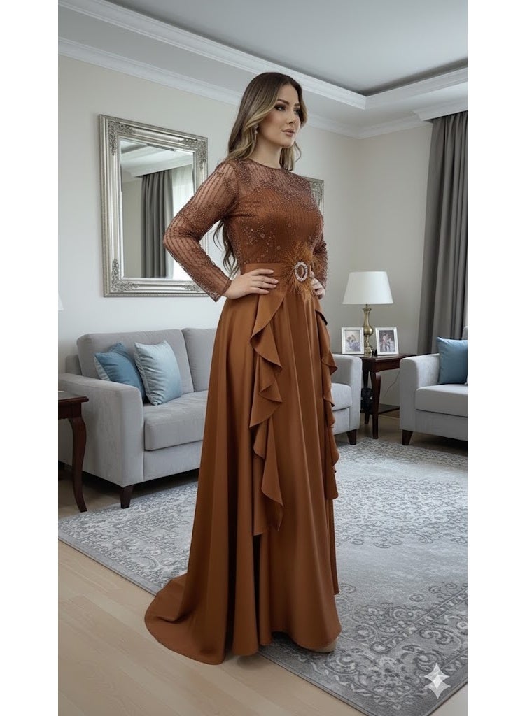 FULL JOY Elegant Maxi Dress with Sheer Lace Bodice, Long Sleeves And Waist Belt,Fashion Dress. - Image 3